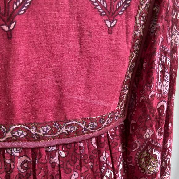 70s Adini Burgundy Boho Maxi Dress | Gold Print Empire Waist Tassel Beads Fall - Picture 9 of 16